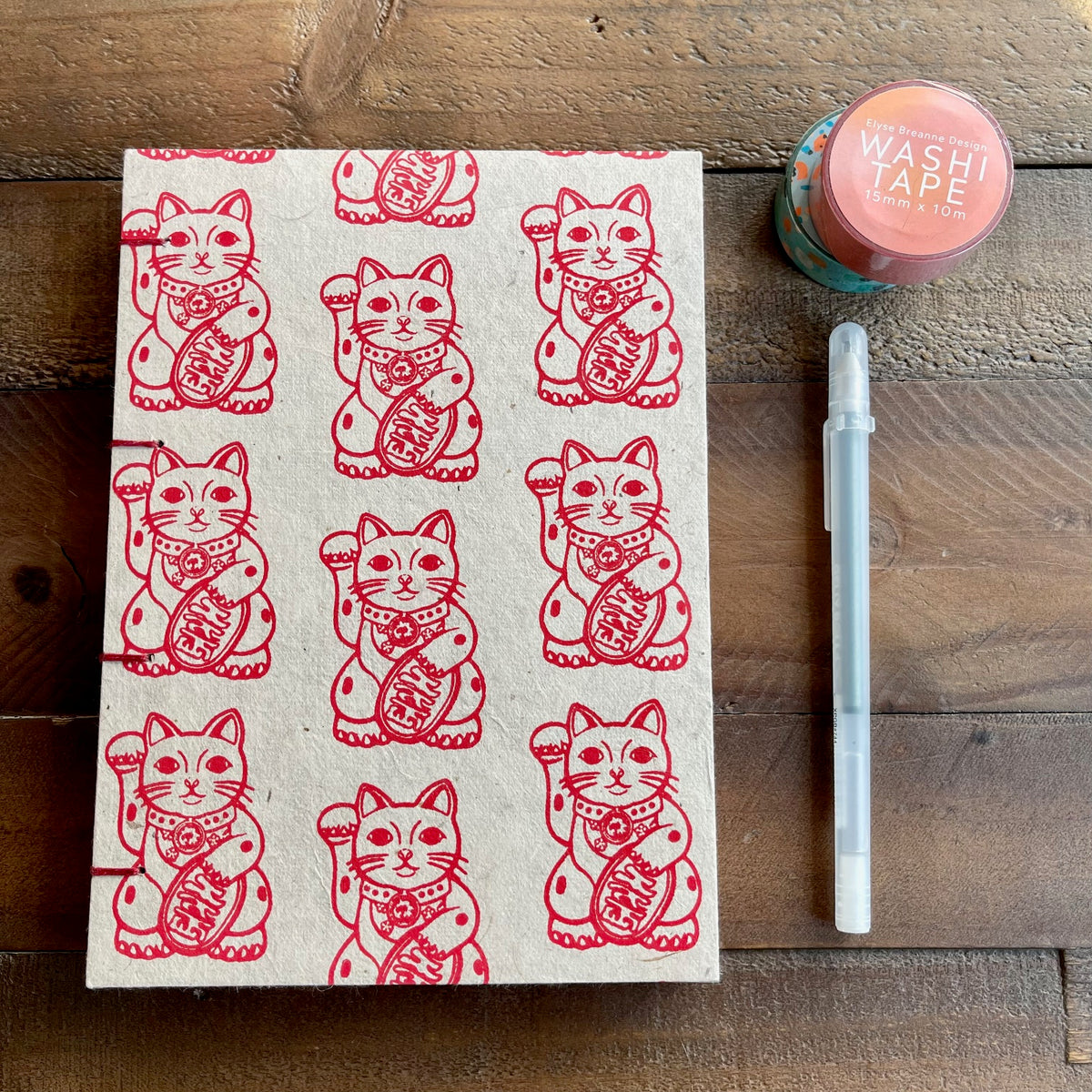 Handmade Lucky Cats Paper Journal | Coptic Stitch Lay-Flat Binding