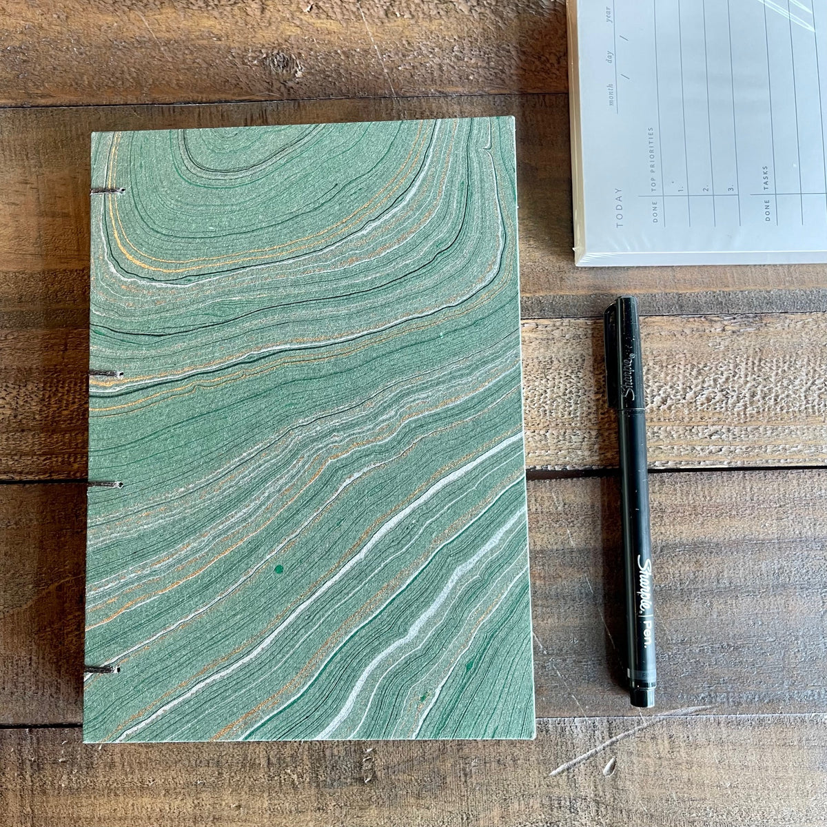Handmade Dk Green Marble Paper Journal | Coptic Stitch Lay-Flat Binding