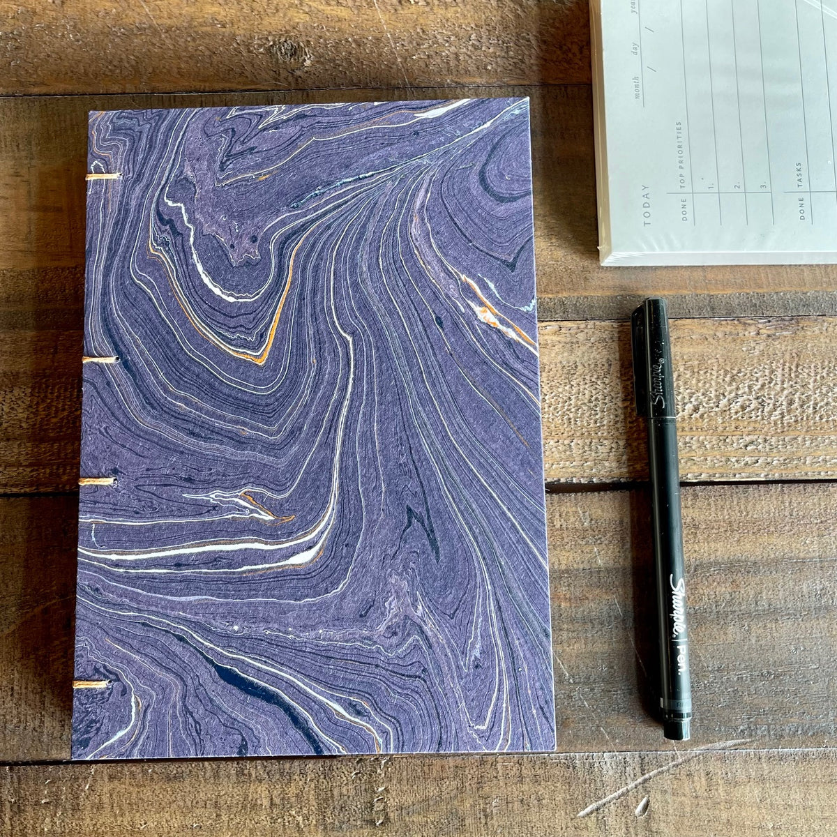 Handmade Dk Purple Marble Paper Journal | Coptic Stitch Lay-Flat Binding