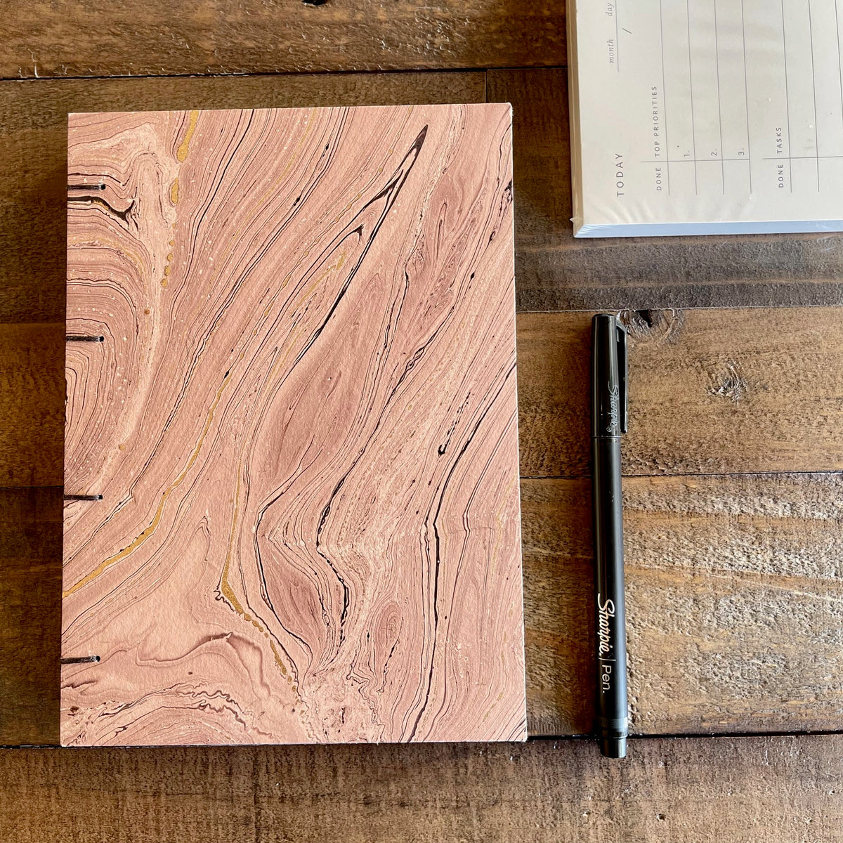Handmade Dusty Pink Marble Paper Journal | Coptic Stitch Lay-Flat Binding