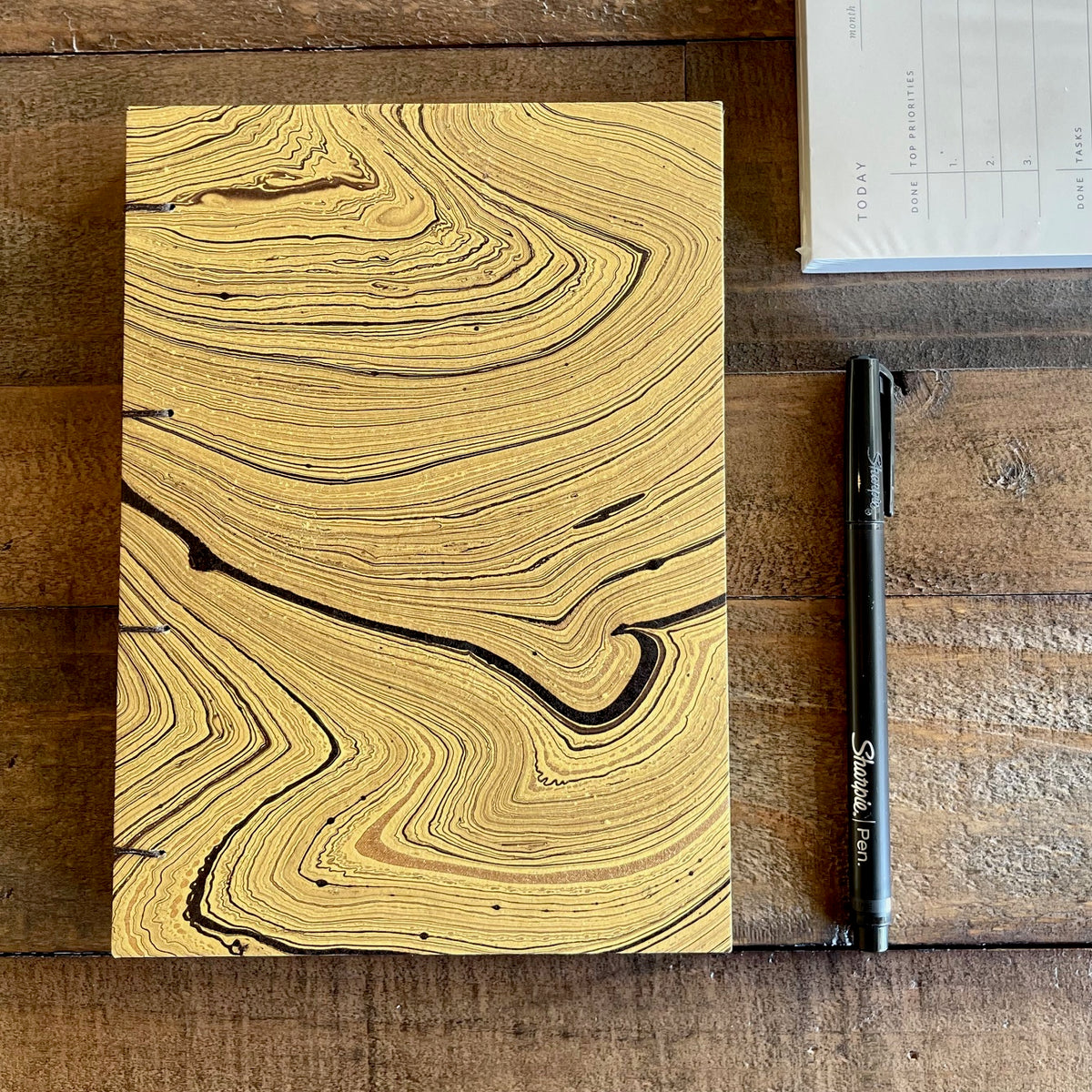 Handmade Ochre Marble Paper Journal | Coptic Stitch Lay-Flat Binding