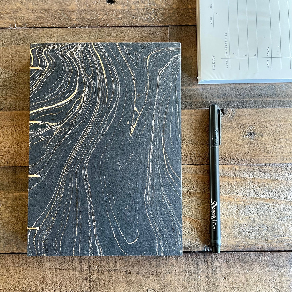 Handmade Black Marble Paper Journal | Coptic Stitch Lay-Flat Binding