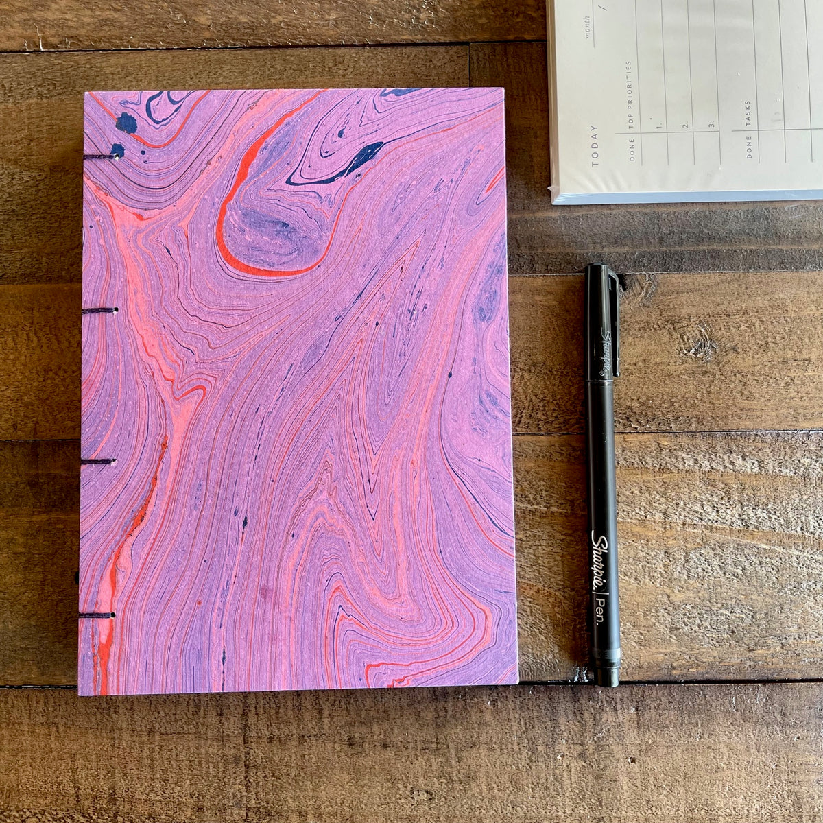 Handmade Fuchsia Marble Paper Journal | Coptic Stitch Lay-Flat Binding