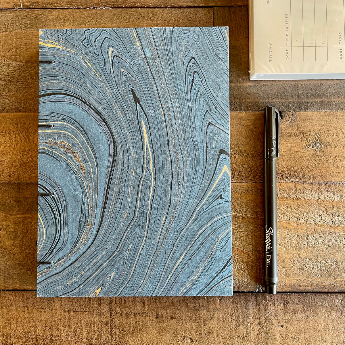 Handmade Dk Blue Marble Paper Journal | Coptic Stitch Lay-Flat Binding