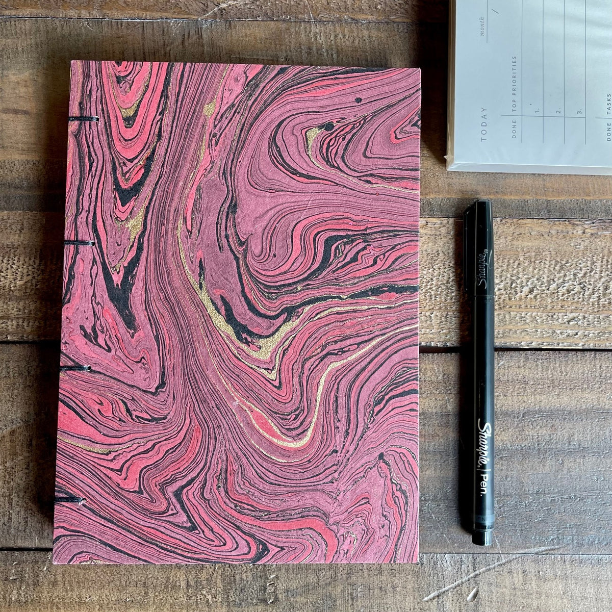 Handmade Burgundy Marble Paper Journal | Coptic Stitch Lay-Flat Binding